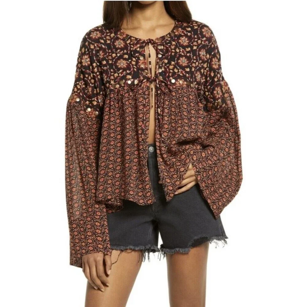 Free People Women's Malia Embellished Floral Babydoll Top Black Combo medium